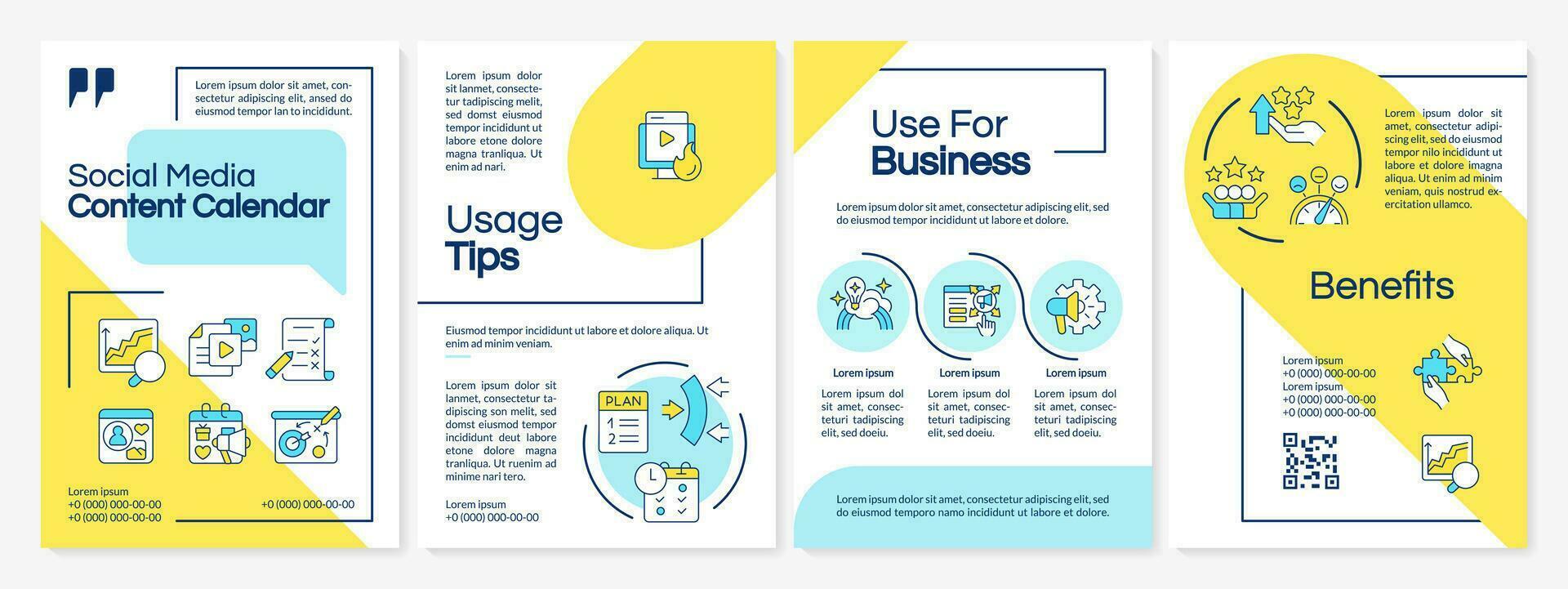 Social media content calendar blue and yellow brochure template. Leaflet design with linear icons. Editable 4 vector layouts for presentation, annual reports