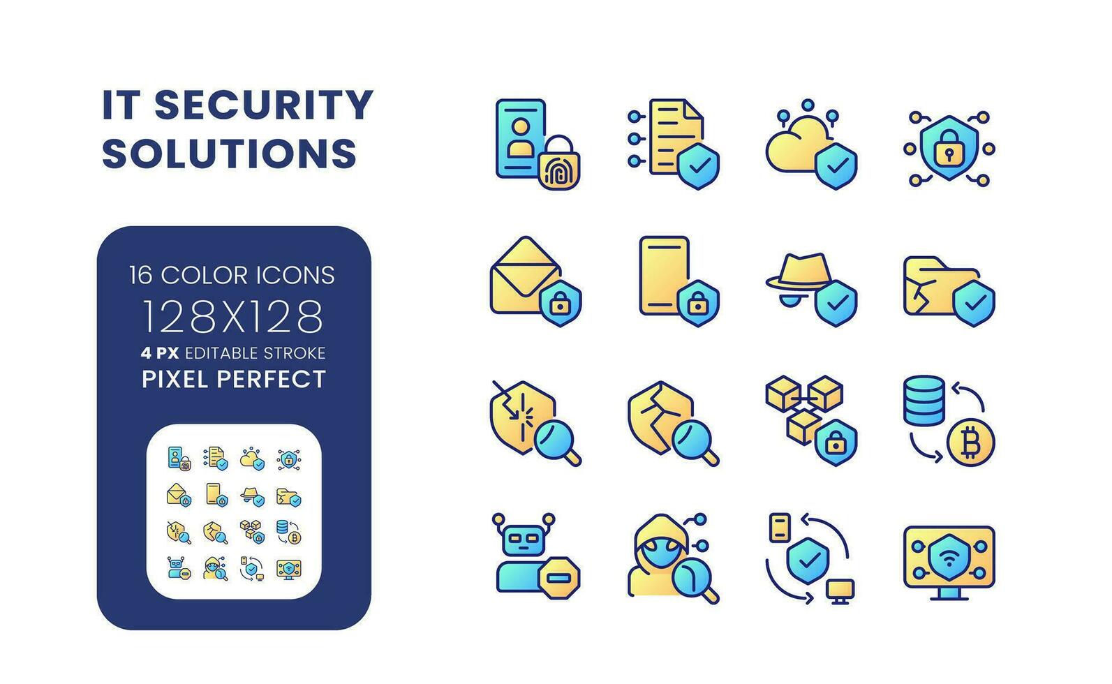 IT security solutions gradient fill desktop icons. Information privacy. Data protection. Pixel perfect 128x128, outline 4px. Colorful editable line symbols set. Vector isolated RGB elements