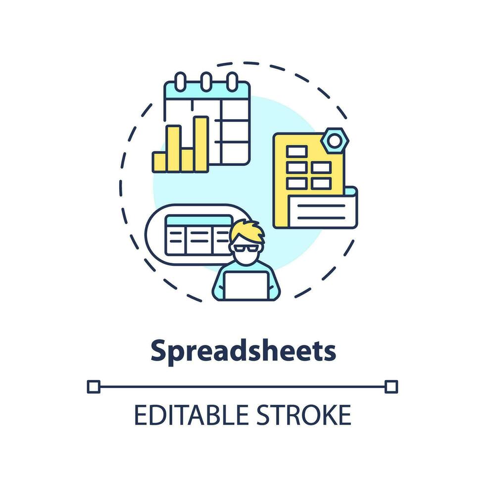 Spreadsheets concept icon. Project management. Business software. Content plan. Editorial calendar. Tracking data abstract idea thin line illustration. Isolated outline drawing. Editable stroke vector