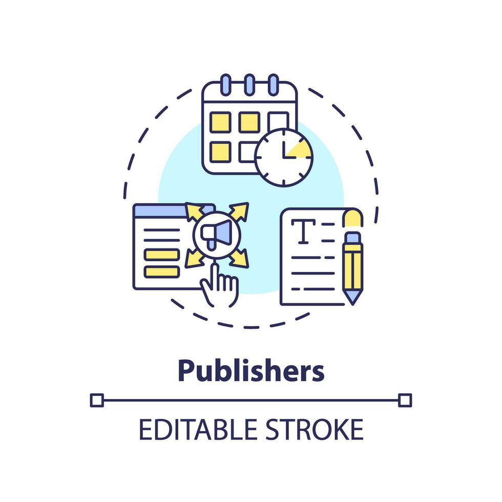 Publishers concept icon. News website. Online magazine. Social media. Digital content. Marketing plan. Publish online abstract idea thin line illustration. Isolated outline drawing. Editable stroke vector