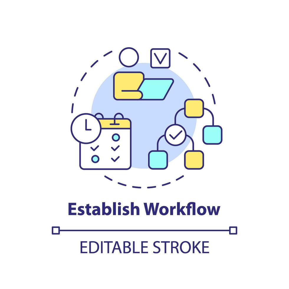 Establish workflow concept icon. Roles and responsibilities. Optimization process. Content creation. Project management abstract idea thin line illustration. Isolated outline drawing. Editable stroke vector