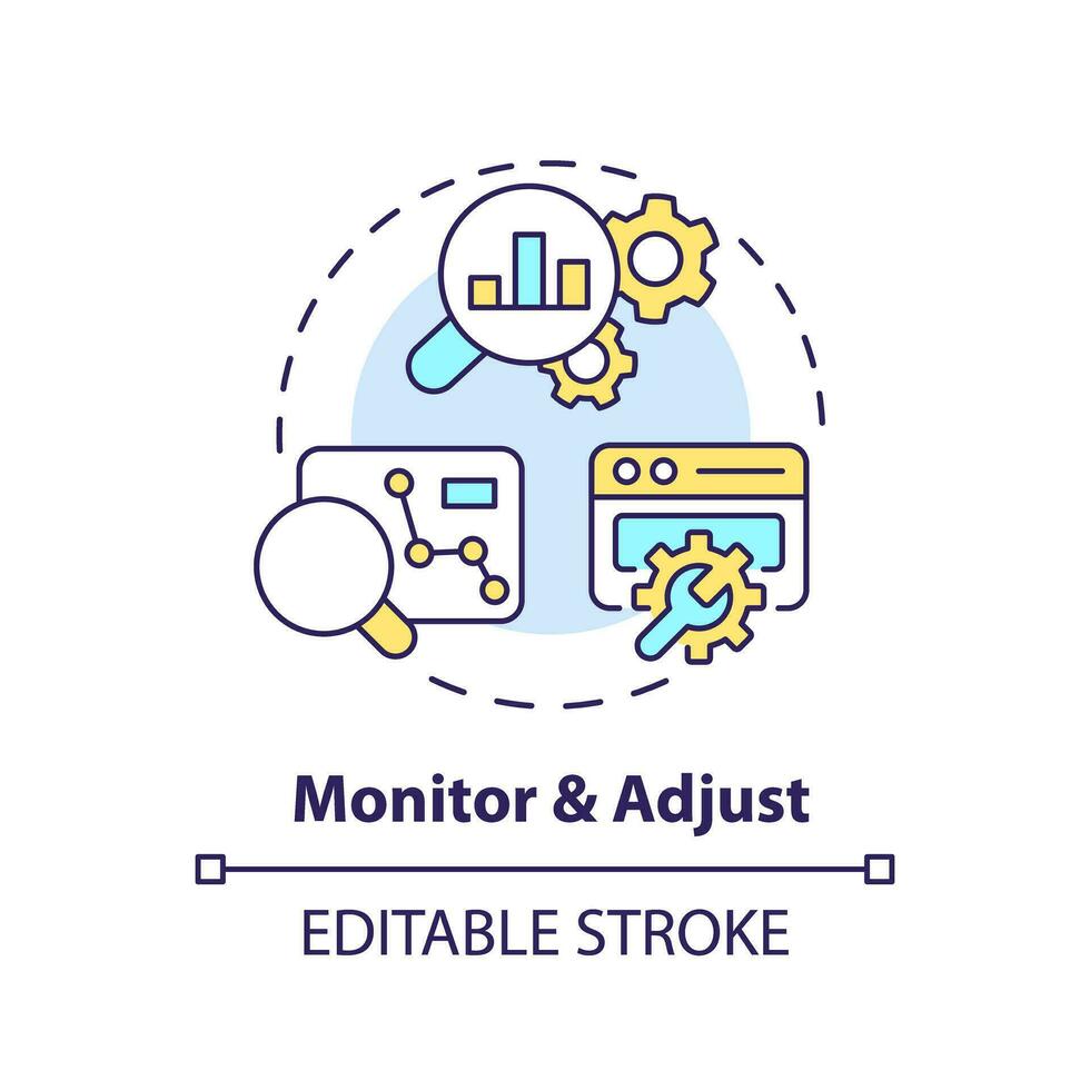 monitor y ajustar concepto icono. márketing análisis. datos analítica. seo mejoramiento. pista actuación resumen idea Delgado línea ilustración. aislado contorno dibujo. editable carrera vector