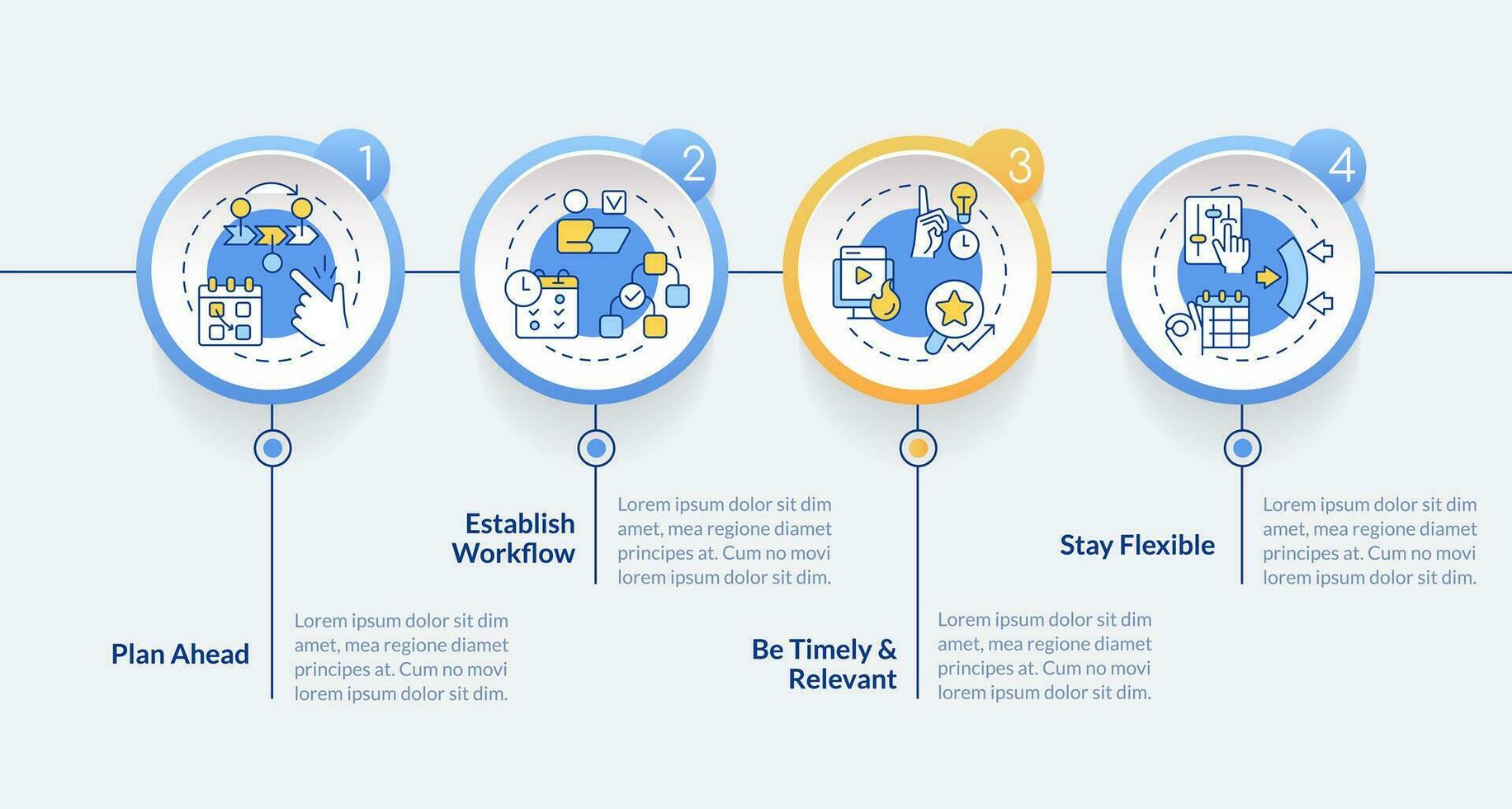 Editorial calendar tips circle infographic template. Content management. Data visualization with 4 steps. Editable timeline info chart. Workflow layout with line icons vector