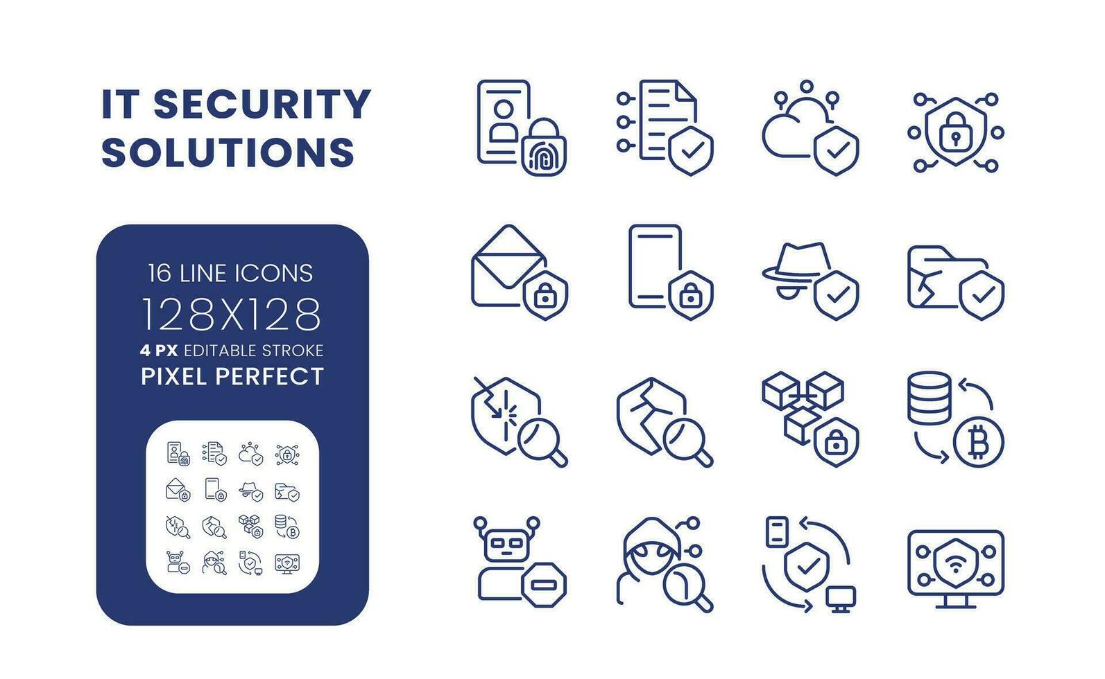 IT security solutions linear desktop icons set. Information privacy. Data protection. Pixel perfect 128x128, outline 4px. Isolated user interface elements pack for website. Editable stroke vector