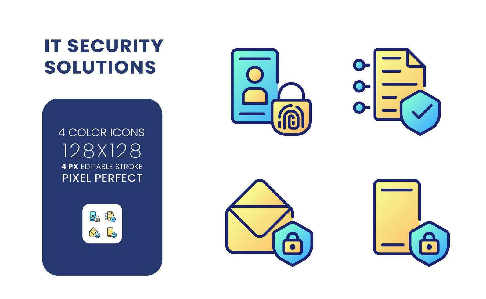 Cyber security solutions gradient fill desktop icons. Authentication control. Risk management. Pixel perfect 128x128, outline 4px. Colorful editable line symbols set. Vector isolated RGB elements