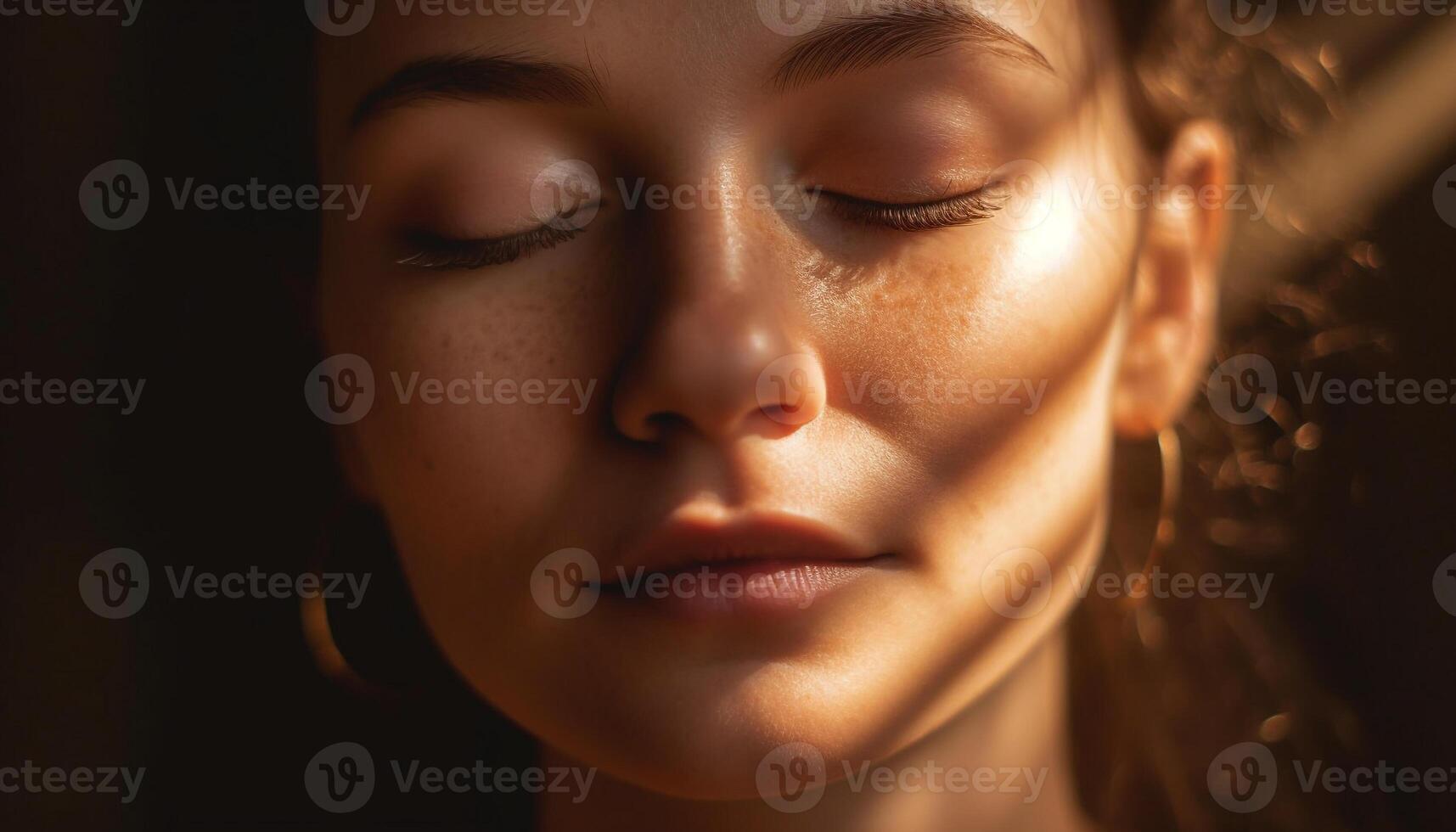 A beautiful young woman closes her eyes generated by AI photo