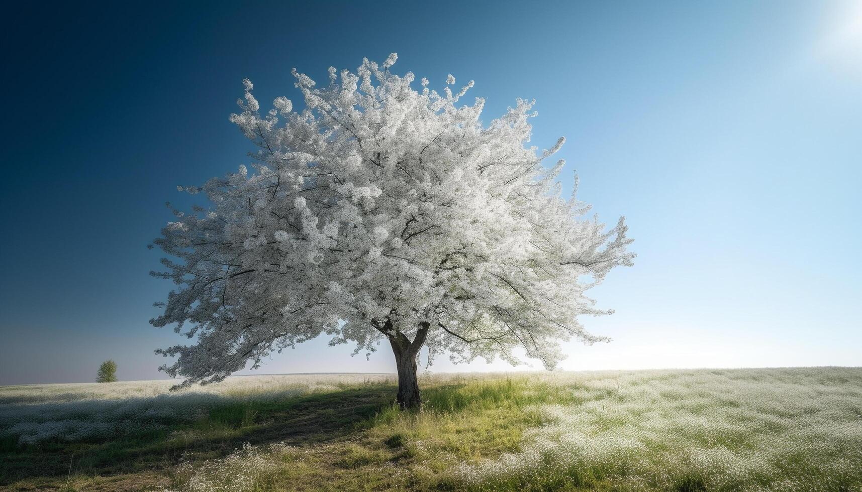 Tranquil meadow, lone tree basks in sunlight generated by AI photo