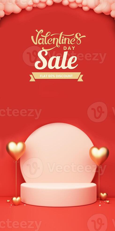 Valentines Day Sale Banner Or Poster, Landing Page Design With Discount Offer, 3D Render, Circular Podium Decorated Golden Heart Shapes, Balloons. photo