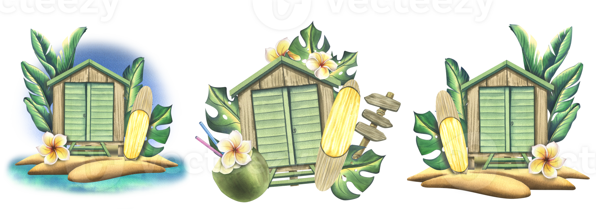 Wooden beach cabin with surfboard, tropical palm leaves, frangipani flowers and cocktail in coconut. Watercolor illustration, hand drawn. A set Isolated compositions png