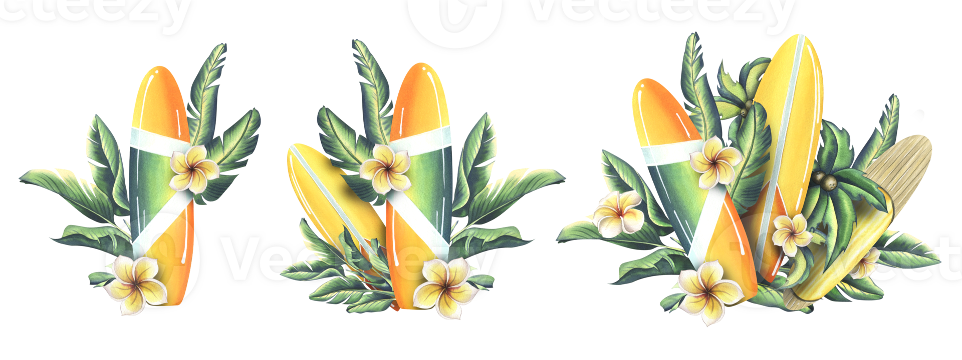 Surfboards are yellow with orange and white stripes with tropical leaves and coconut palms, plumeria flowers. Watercolor illustration hand drawn. A set isolated compositions png