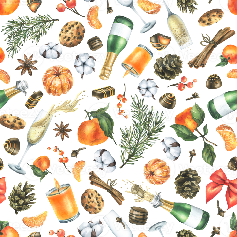 Christmas collection with tangerines, sweets, spices, champagne and plants. Watercolor illustration, hand drawn for holiday decor. Seamless pattern png