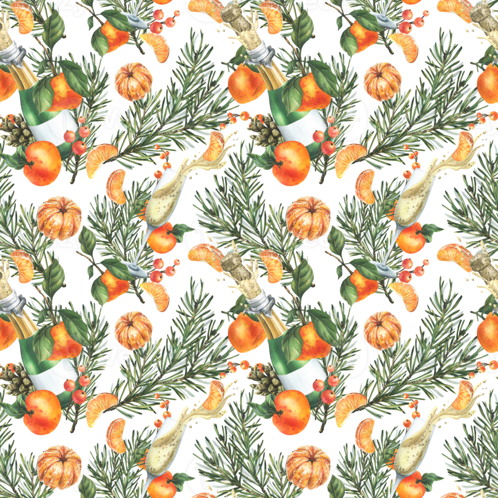 Tangerines with pine branches and cones, champagne in bottles and glasses. Hand drawn watercolor illustration for christmas fabric, textile, wrapping paper. Seamless pattern png