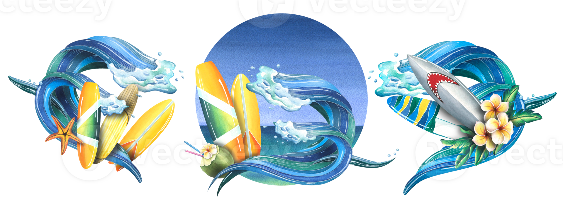 A sea wave with surfboards and a starfish, flowers. Watercolor illustration hand drawn. A set isolated compositions png