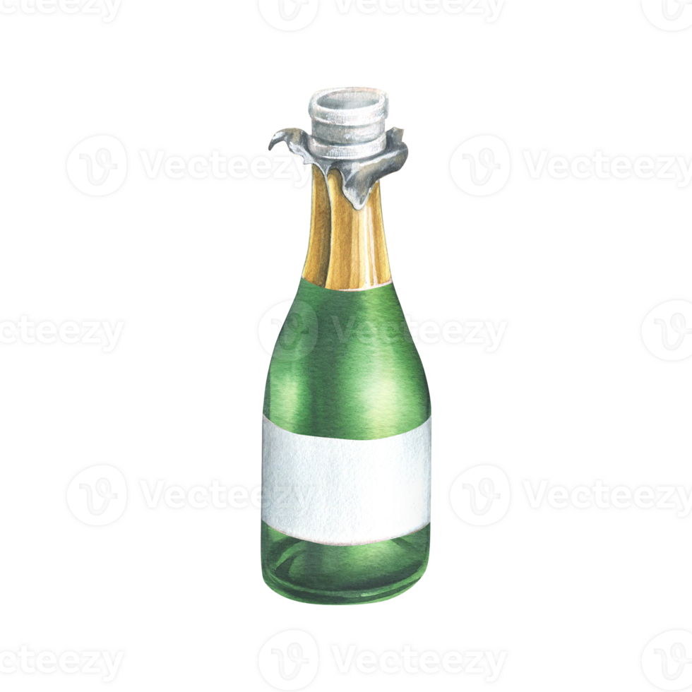 An open green bottle with champagne, a golden wrapper and an empty white label. Watercolor illustration, hand drawn. Isolated object png