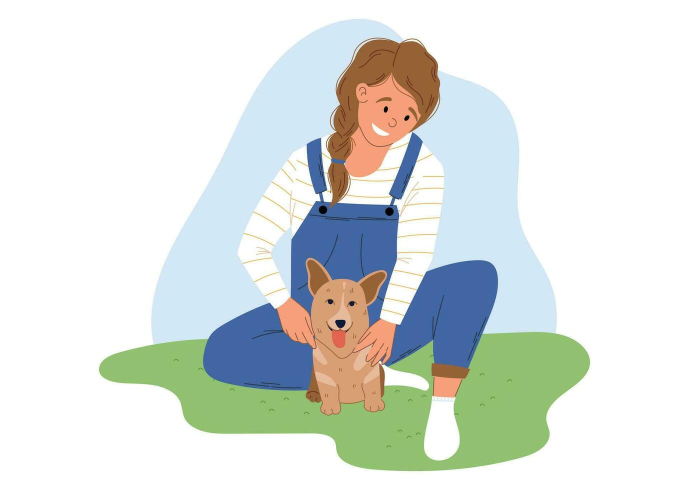 Young woman sitting on the grass with a corgi dog. People walking their pet concept. Vector isolated illustration in flat style.