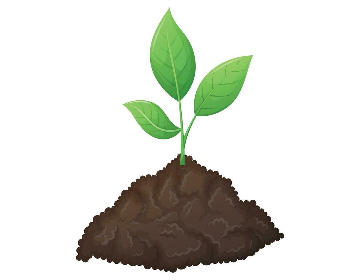 A bunch of fertile black soil and growing green sprout with leaves. The concept of gardening and sowing. Vector isolated cartoon illustration.