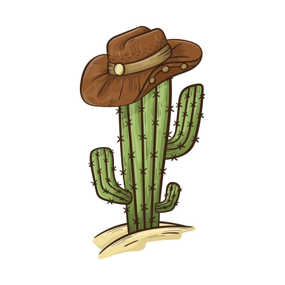 Isolated doodle illustration of cactus in the desert with sand, cowboy wide brimmed hat. vector