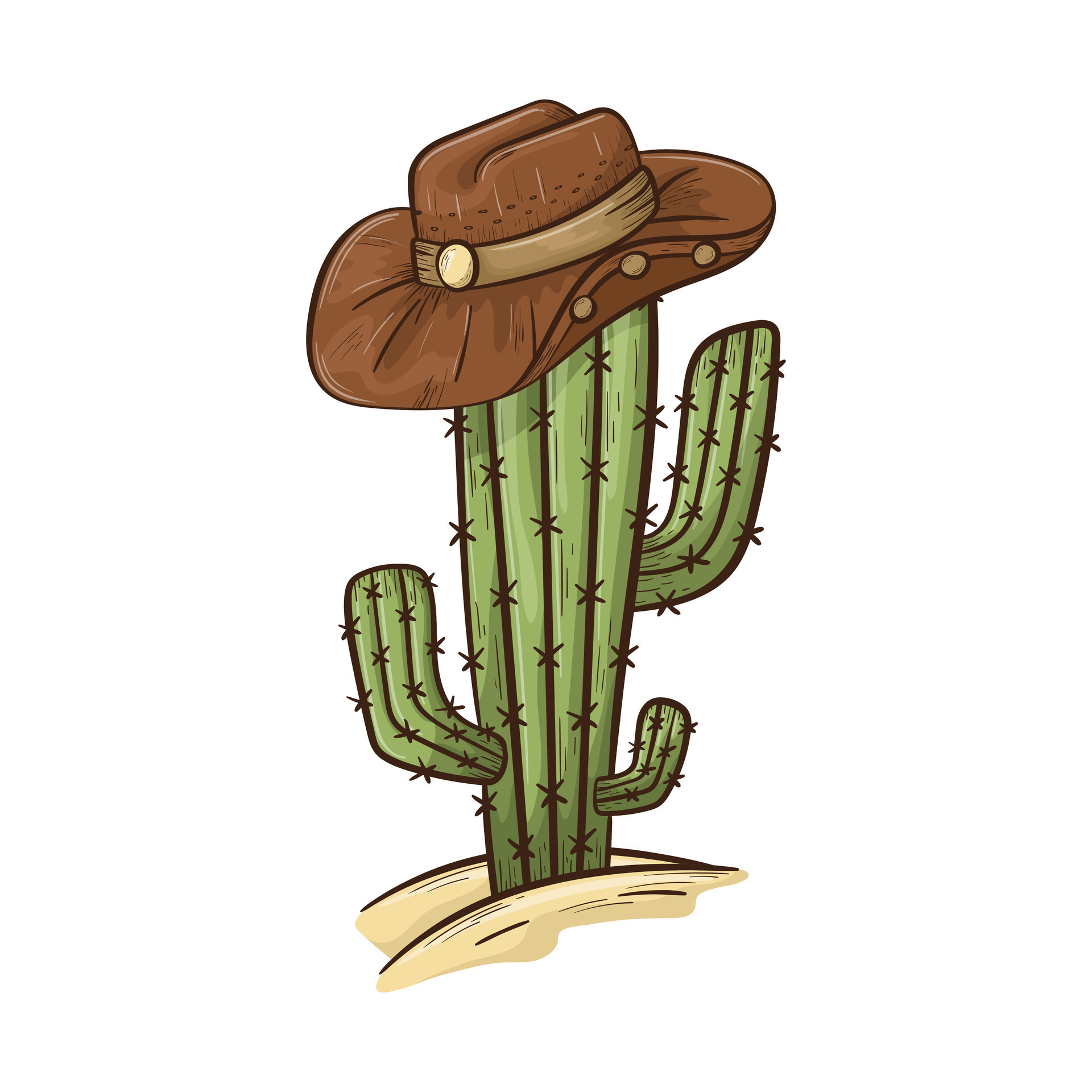 Isolated doodle illustration of cactus in the desert with sand, cowboy