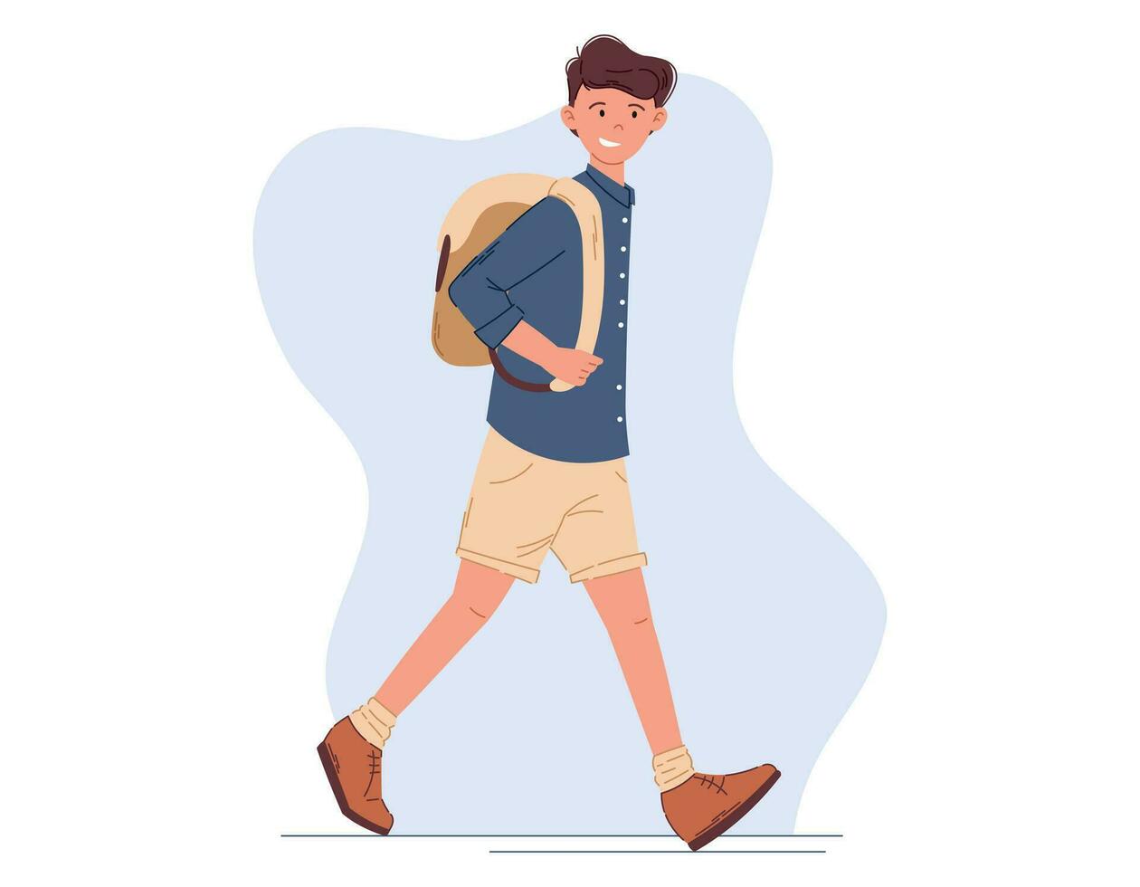 Young walking cheerful man. Student in shorts with a backpack, flat style vector isolated illustration.