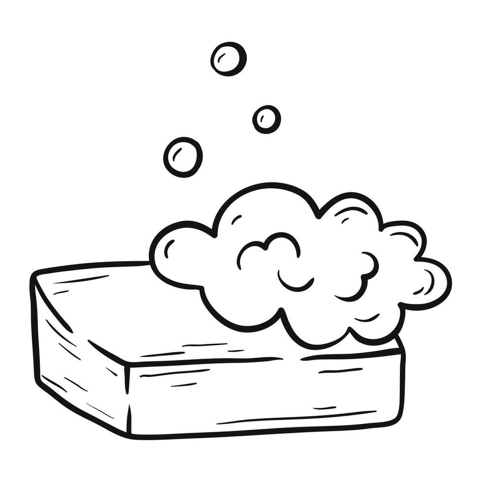 Vector doodle illustration of a solid bar of soap with foam on a white background.