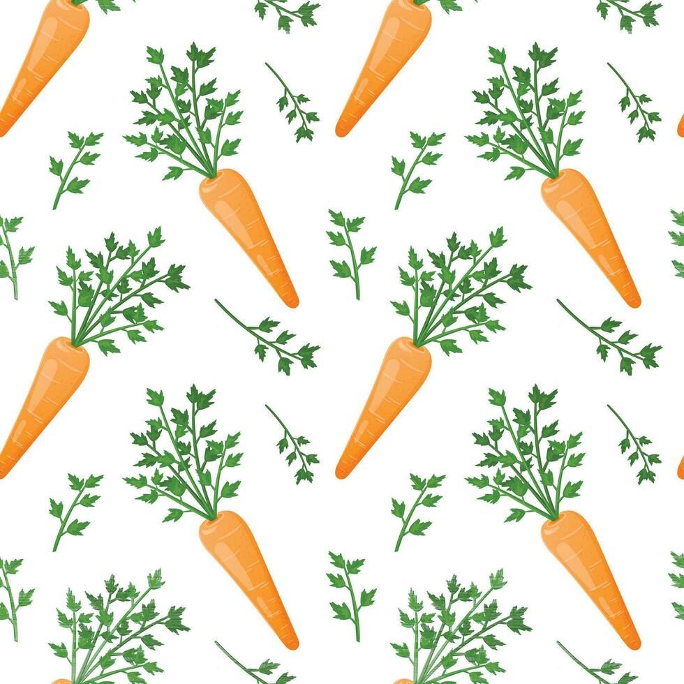 Vector seamless summer pattern. Realistic bright images of fresh carrots with lush batwa. Growing vegetables and healthy food in the garden background.