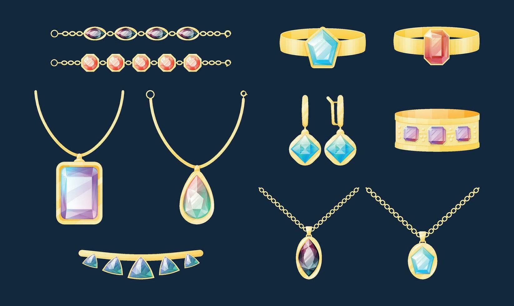 Gold jewelry women jewelry with precious stones and diamonds. Set of vector cartoon isolated expensive treasure with gems, necklace, earrings, ring, bracelet.