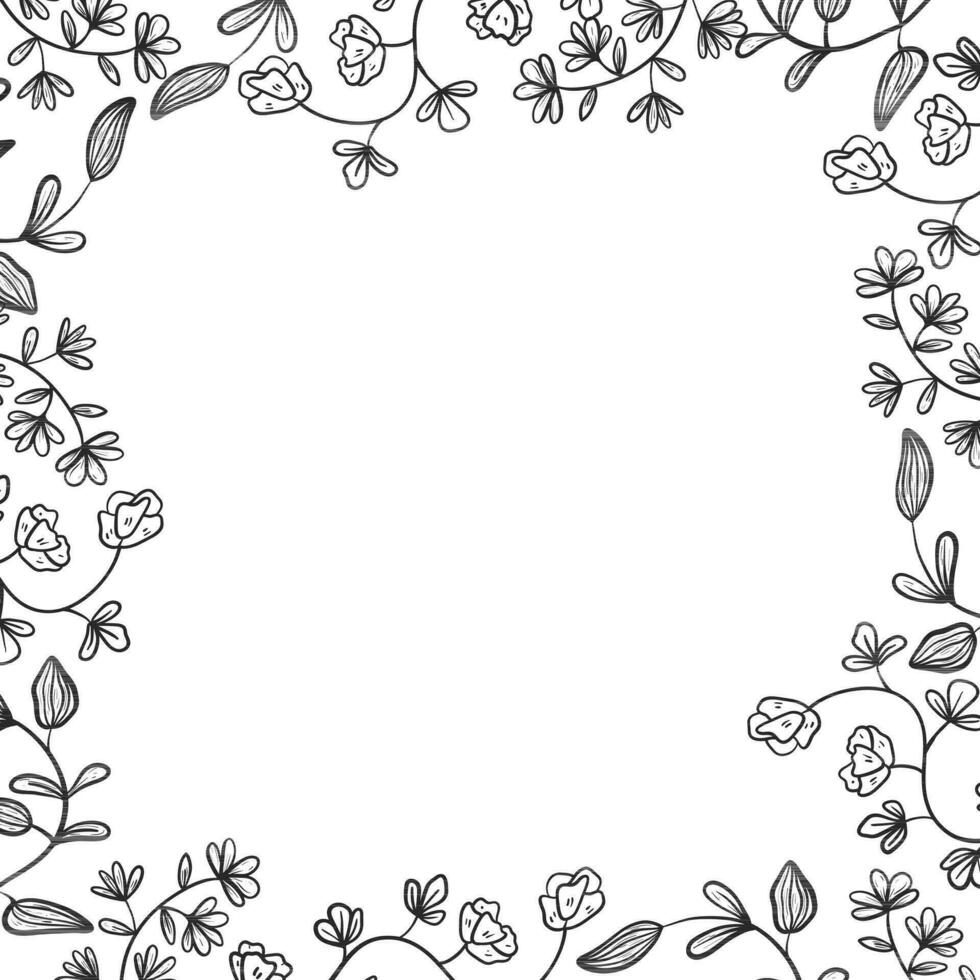 Simple vector frame or border with doodle twigs. Branches and stems of plants with flowers, leaves and buds with petals. Line art decor elements.