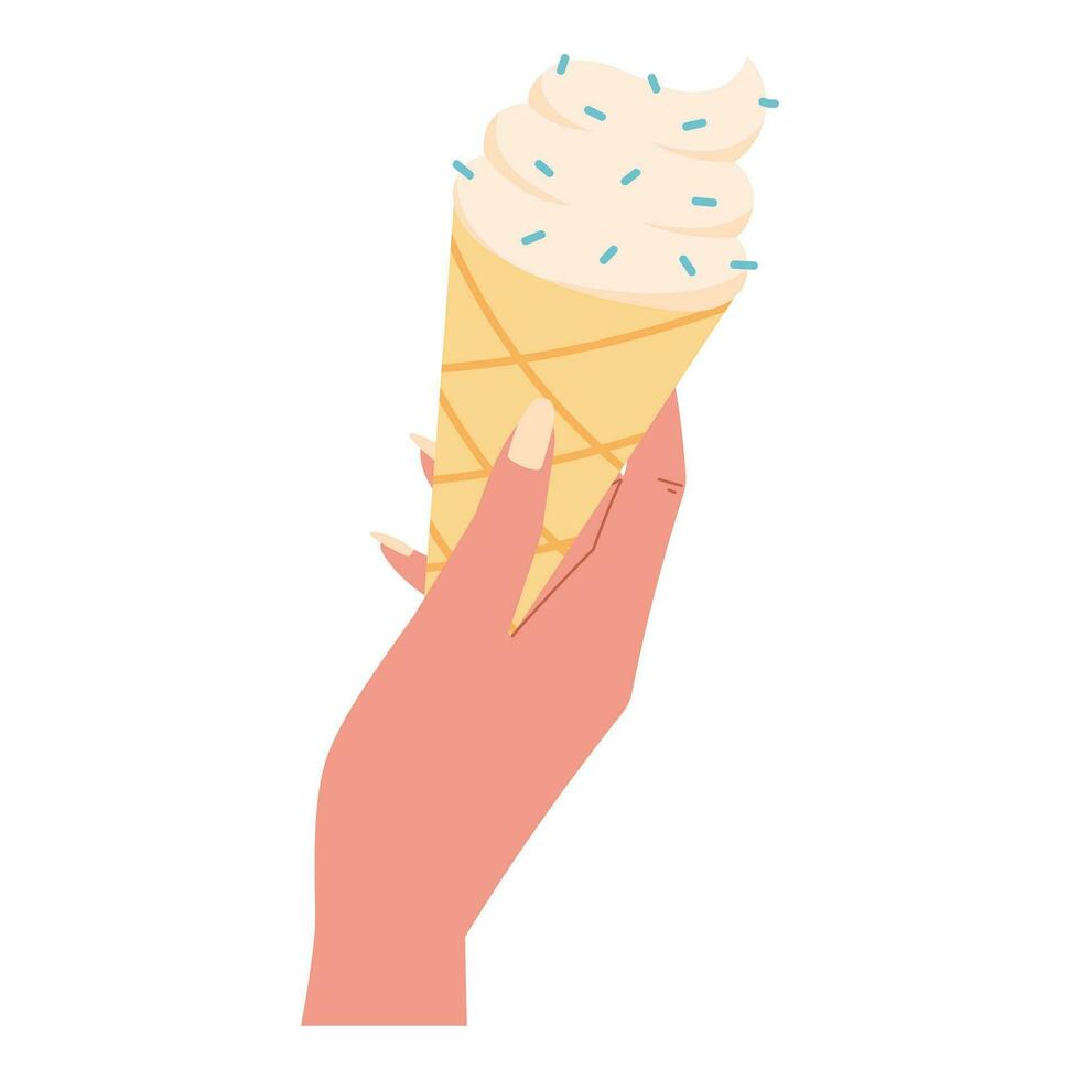 Woman hand with a manicure holding a cone of creamy ice cream with sprinkles. Vector flat isolated dessert sweetness.