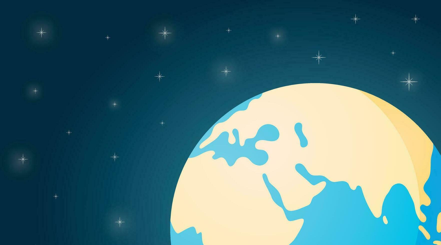 Cartoon shining planet Earth at night among the stars. Vector space horizontal banner or background.