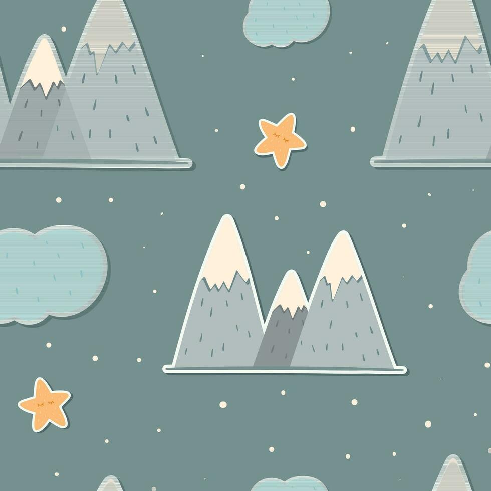 linda vector sin costura modelo en escandinavo estilo. niños pegatinas de montañas con nevadas picos, nubes y estrellas. infantil tendencias antecedentes o envase papel.