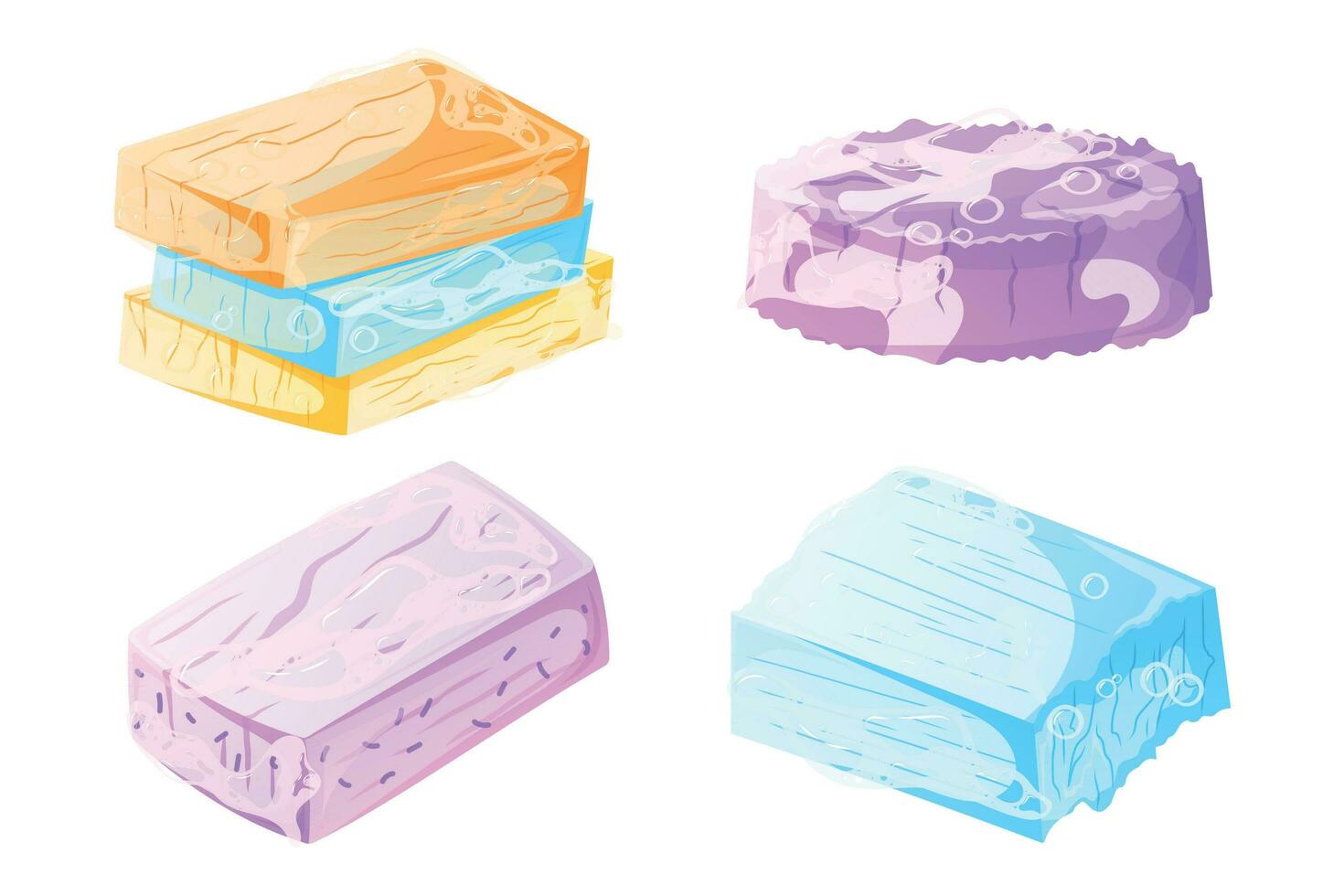 Set of multi-colored bars of handmade natural hand soap with foam and bubbles. Vector cartoon illustrations of organic hygiene product.