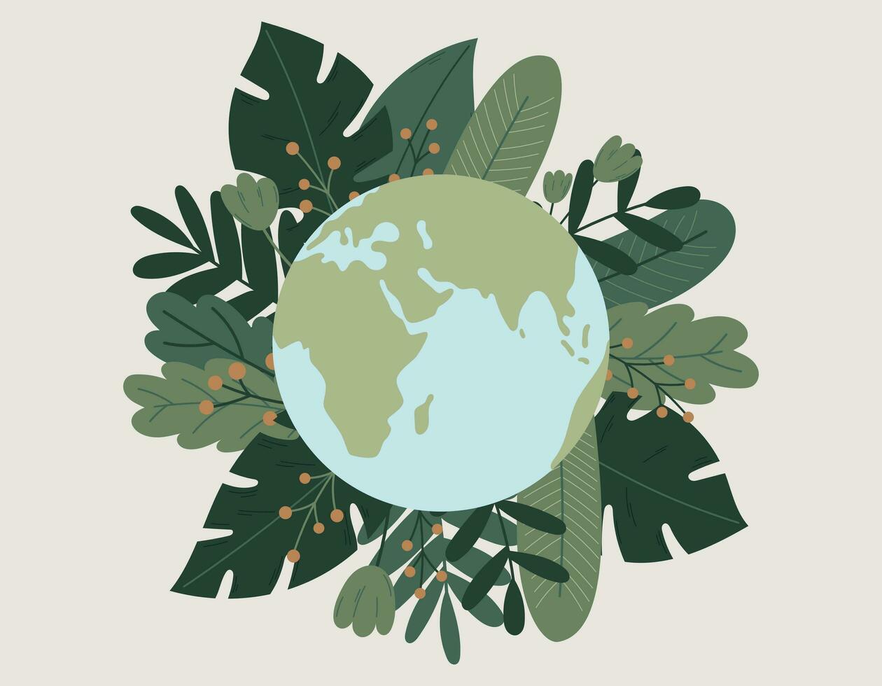 Planet Earth with a frame of tropical green leaves. Globe vector isolated flat illustration. The concept of saving nature