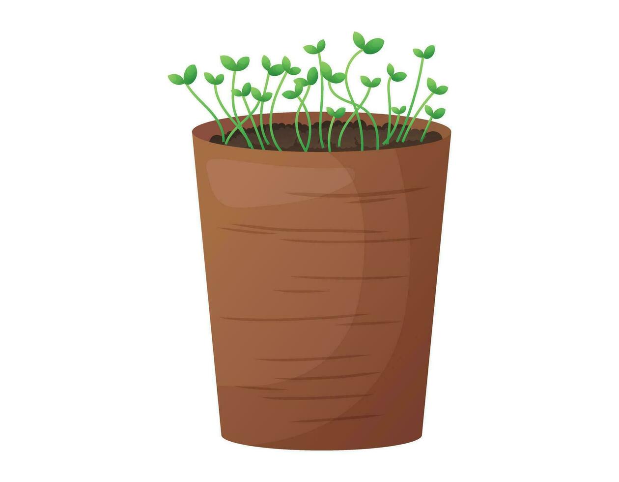 Young sprouts of seedlings in a pot. Vector isolated cartoon potted plants, gardening and sowing concept.