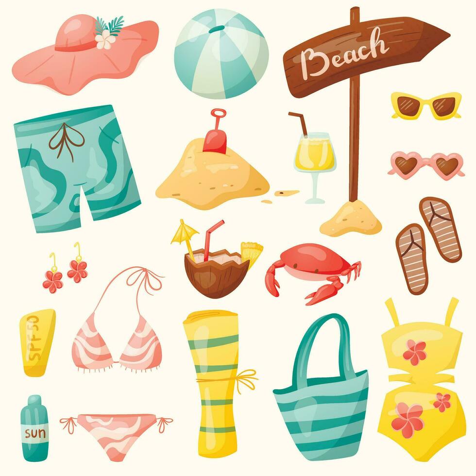 Set of cartoon vector summer icons. Elements of sea and beach vacation, items for swimming and sunbathing. Modern cartoon stickers of clothing and accessories.