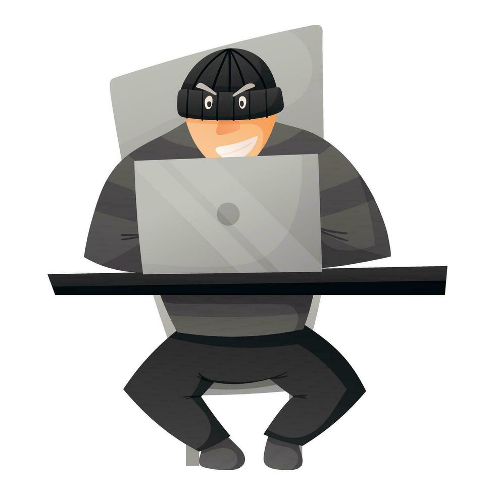 Vector isolated illustration of a thief or scammer in balaclava working at a laptop. Concept of online social media or internet fraud, cybercrime.