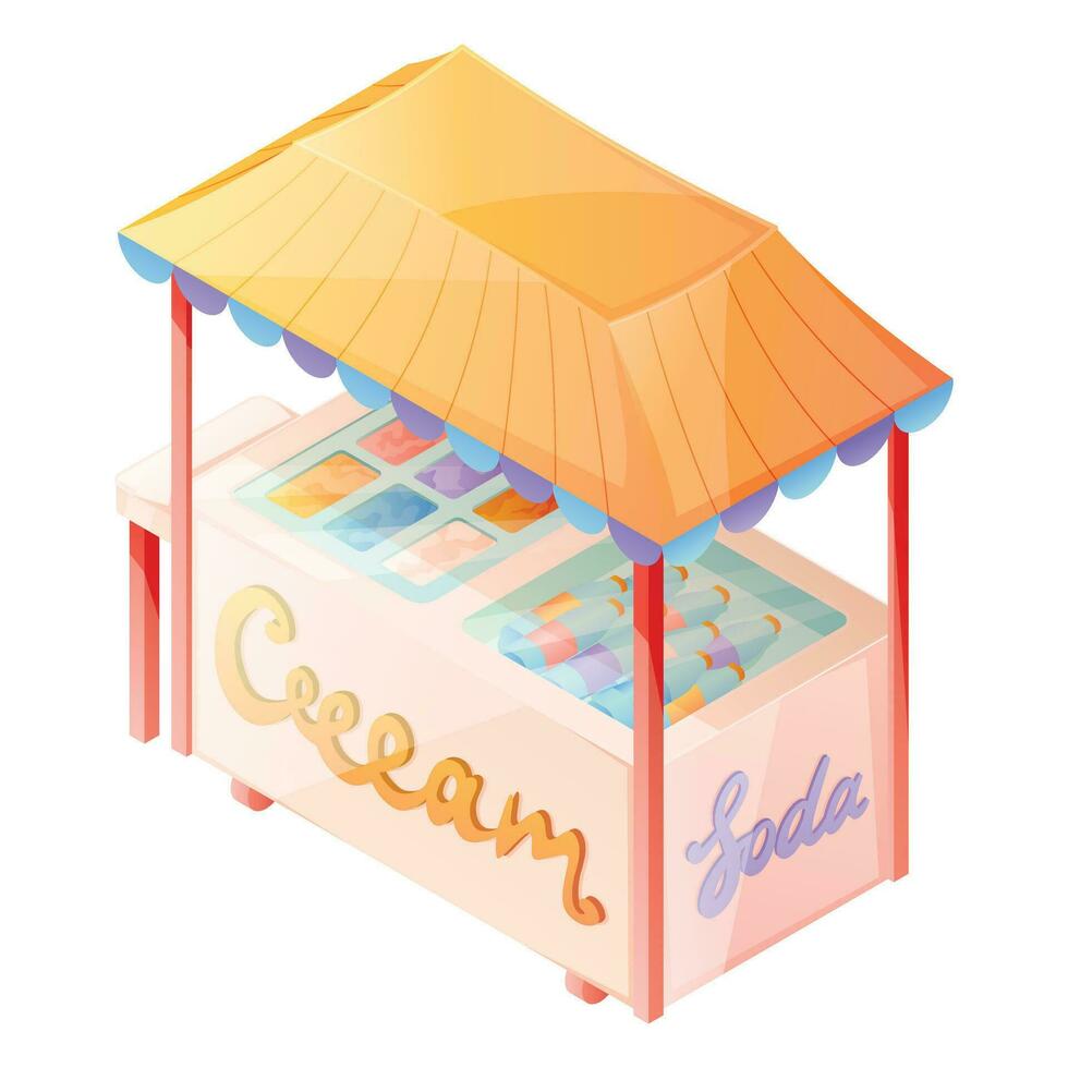 Untitled-Isometric cartoon illustration of a summer city cart or ice cream and soda stand. vector