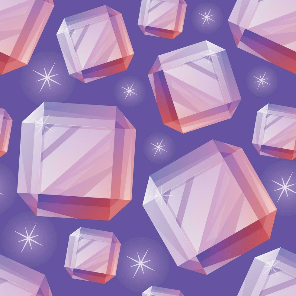 Square realistic purple glowing gemstone. Vector seamless pattern, cartoon treasure jewel.