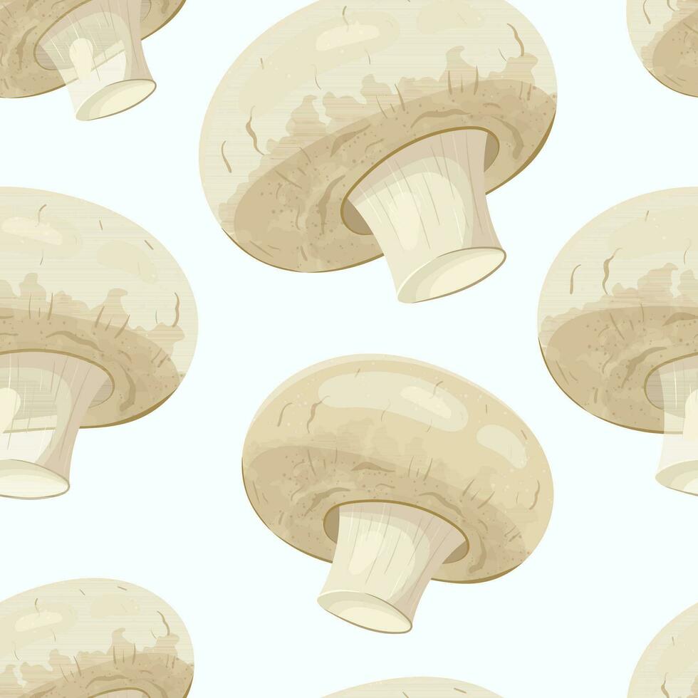 Vector seamless pattern on a white background. Fresh summer porcini mushrooms or champignons on a leg with lush caps. A realistic picture of healthy forest food. Delicious ackground decoration.