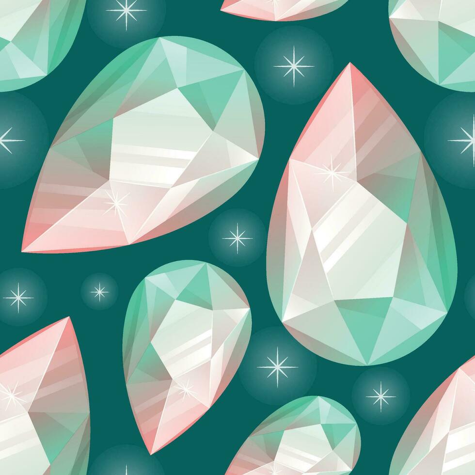 Shining pink green teardrop shaped diamond gemstone. Vector seamless cartoon pattern of expensive luxury jewelry.