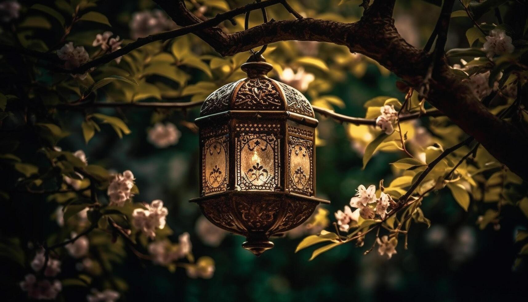 Glowing lantern illuminates nature elegance in Ramadan celebration generated by AI photo