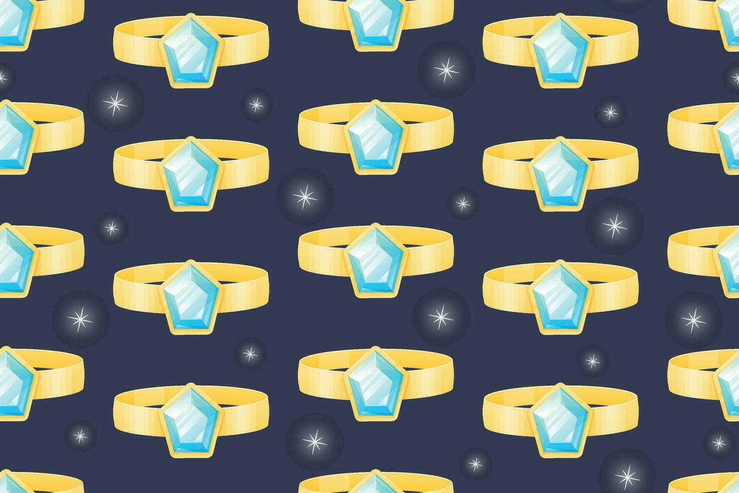 Gold engagement ring with a sparkling diamond gemstone. Vector seamless cartoon pattern with jewelry treasure.