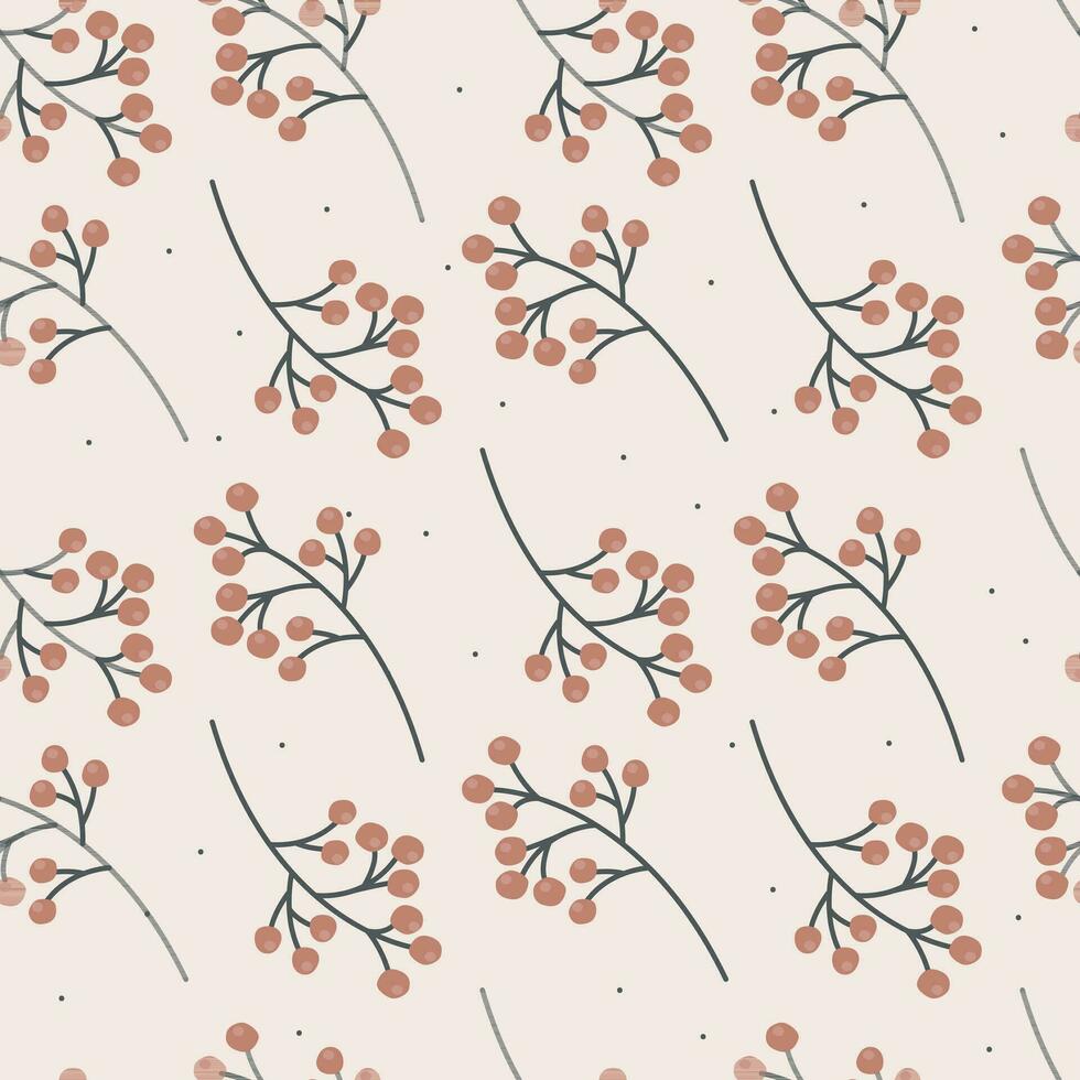 Vector seamless pattern, twigs or branches with red berries. Wild rowan or lingonberry icon on a branch.