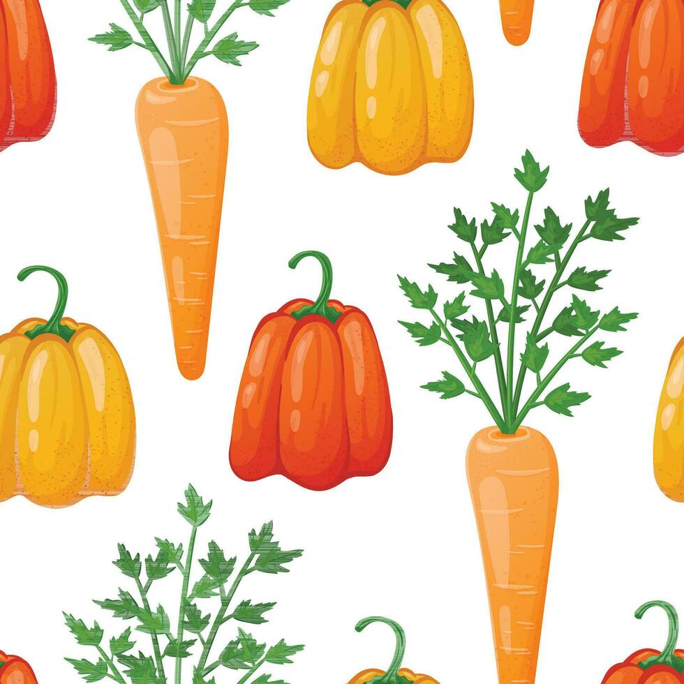 Vector seamless pattern with fresh vegetables. Natural healthy bell peppers and carrots with tops. Vegetarian raw food.