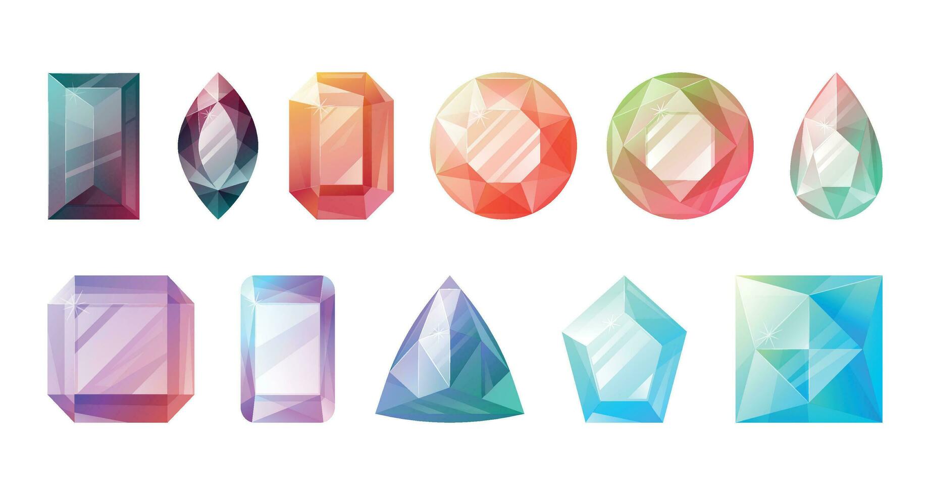 Set of multicolored diverse realistic faceted shining gemstones. Collection of vector isolated expensive precious jewelry.