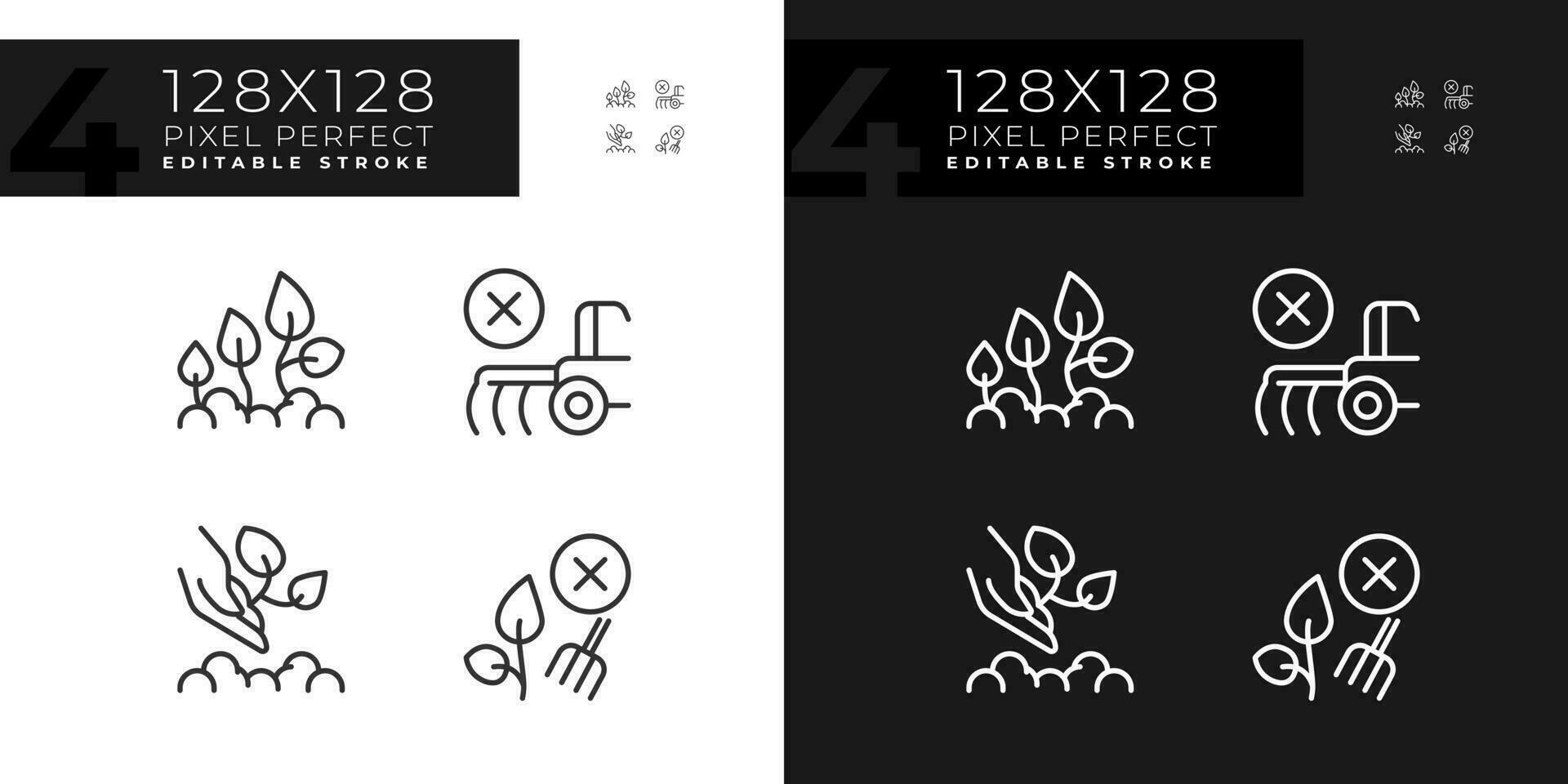 Ecological farming linear icons set for dark, light mode. Environmentally friendly. Organic agriculture. Growing food. Thin line symbols for night, day theme. Isolated illustrations. Editable stroke vector