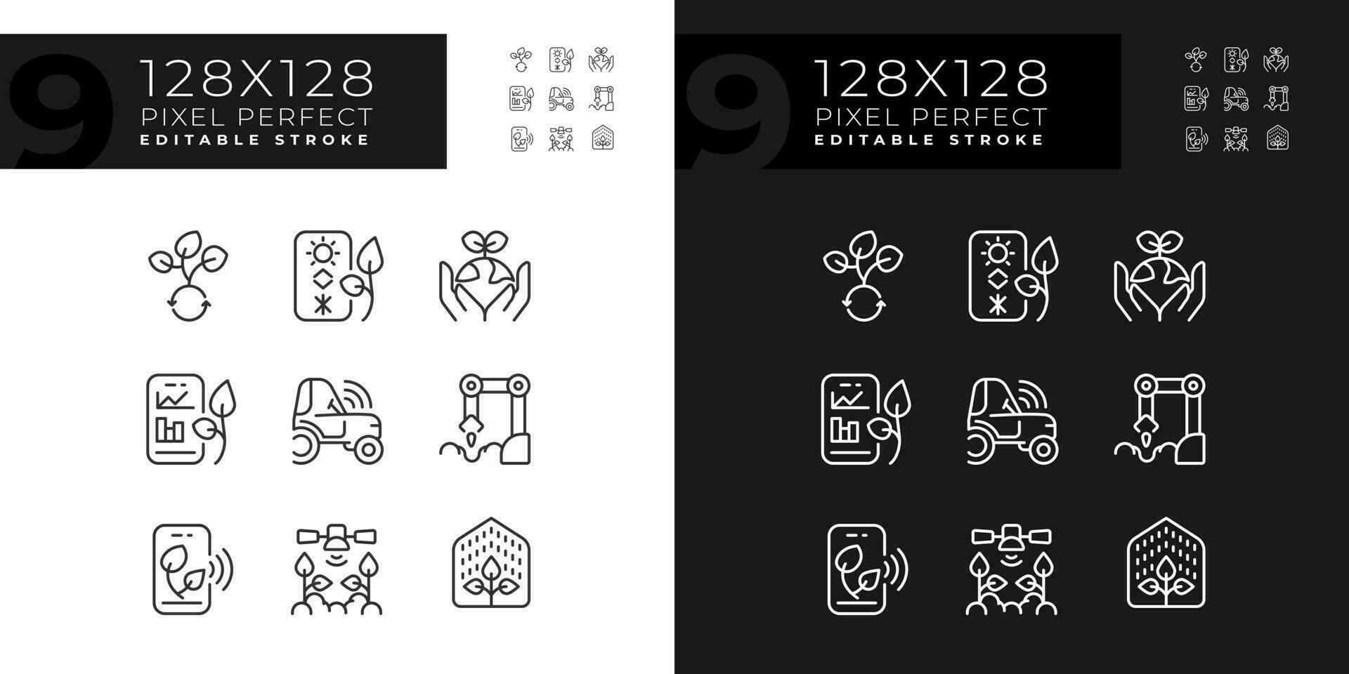 Future farming linear icons set for dark, light mode. Modern agriculture. Artificial intelligence. Smart farms. Thin line symbols for night, day theme. Isolated illustrations. Editable stroke vector