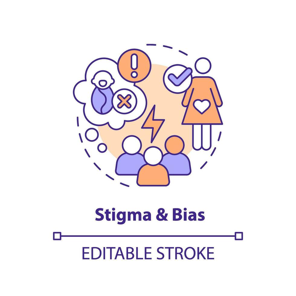 Stigma and bias concept icon. Abortion access. Reproductive justice. Safe care. Clinic services. Women health abstract idea thin line illustration. Isolated outline drawing. Editable stroke vector