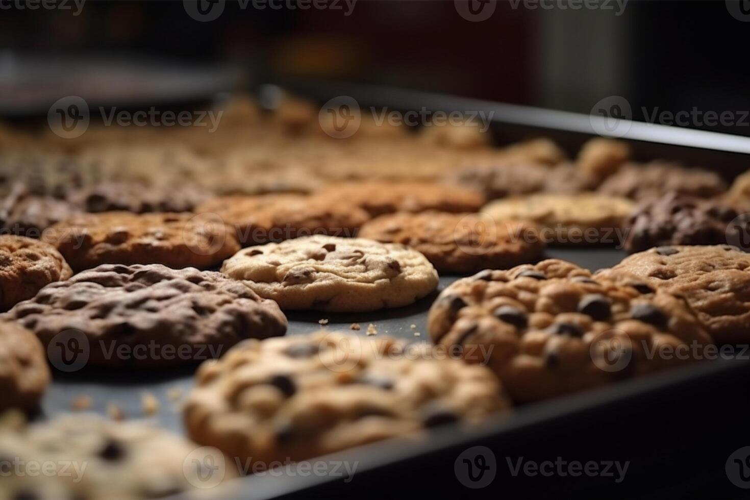 cerca arriba de Fresco delicioso galletas en un bandeja generativo ai foto