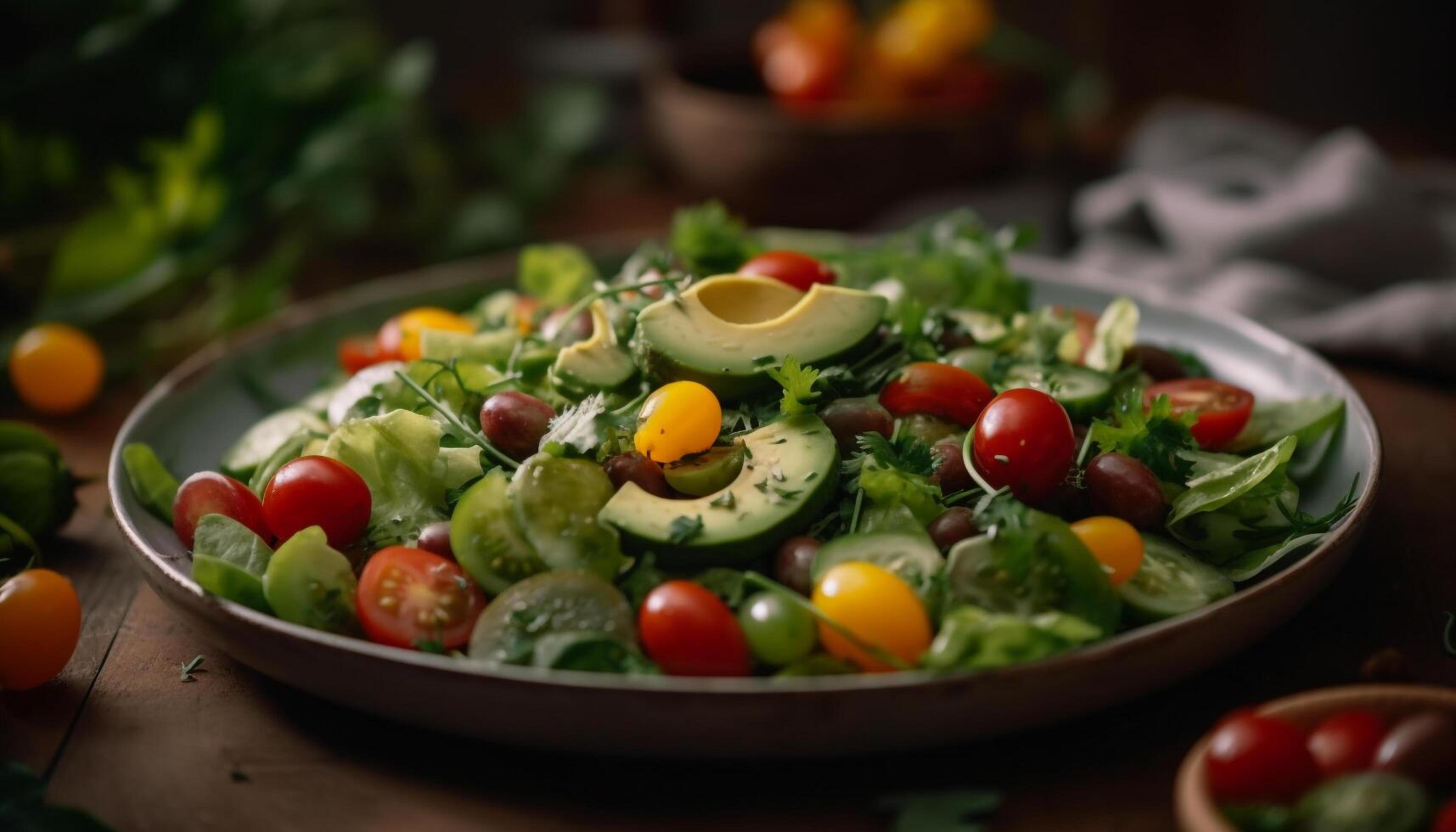 Fresh salad bowl with ripe tomato and avocado photo