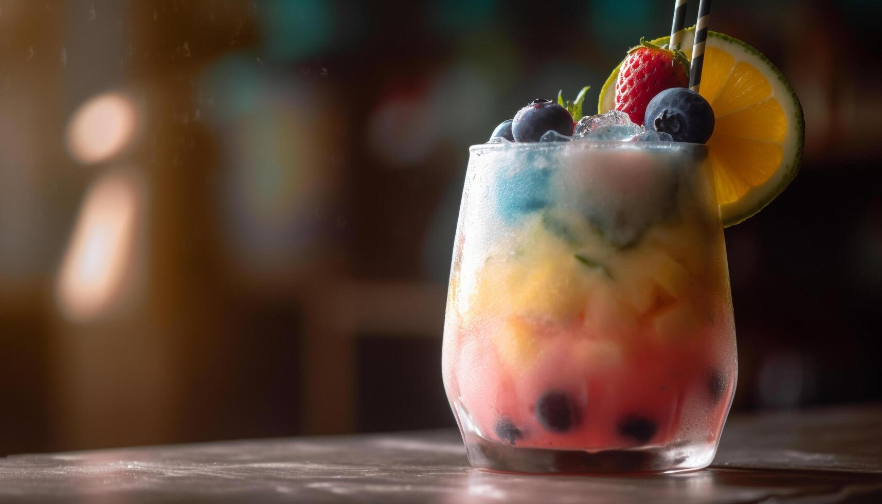 Fresh fruit cocktail on wooden table outdoors generated by AI photo